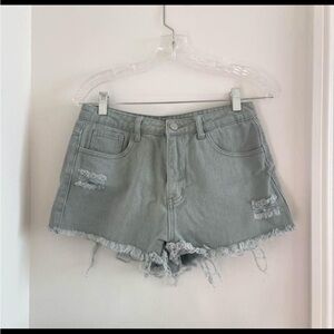Green Gray Distressed Denim Shorts Earth Tone Boho